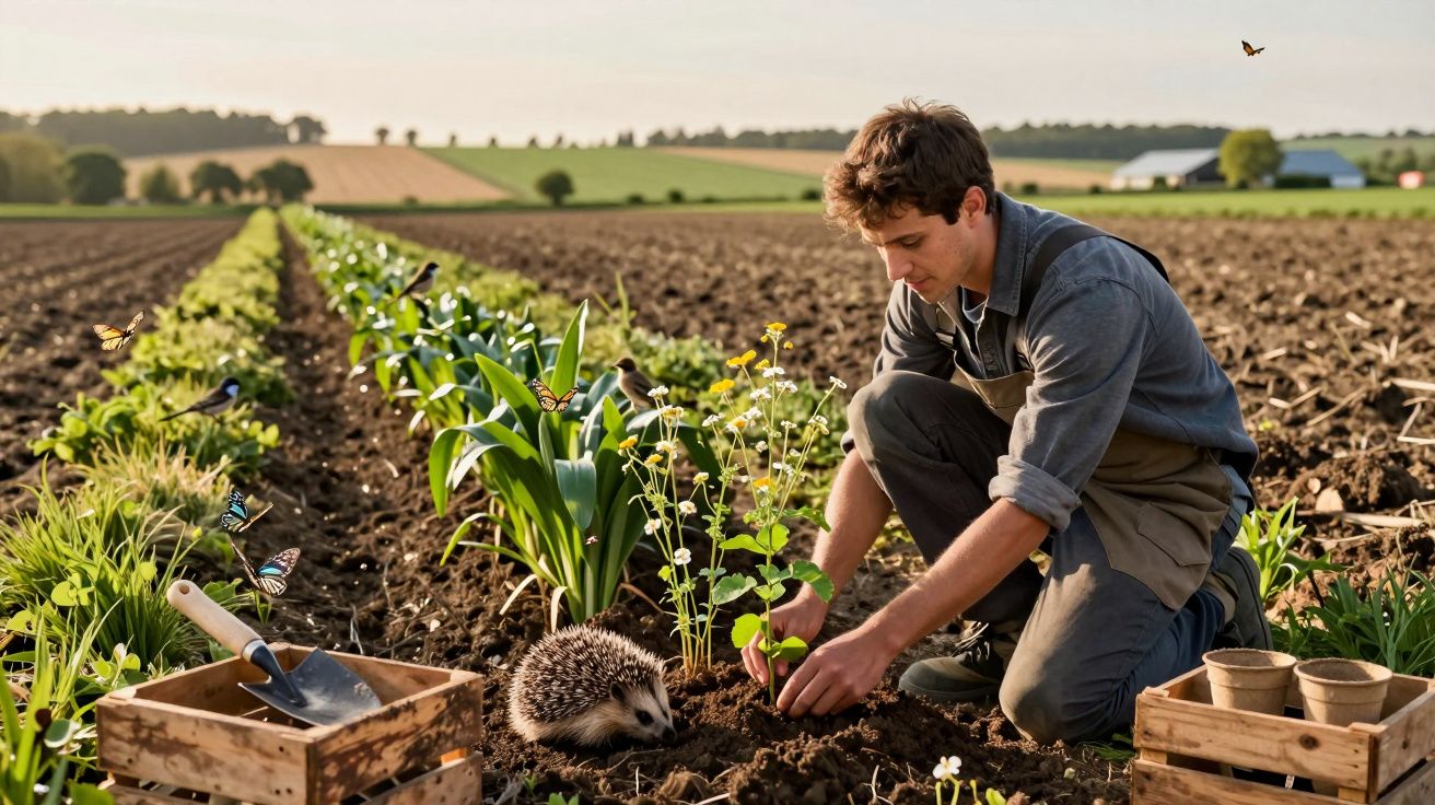 Jovem a plantar flores num campo com ouriço e borboletas ao redor, em ambiente rural ao pôr do sol.