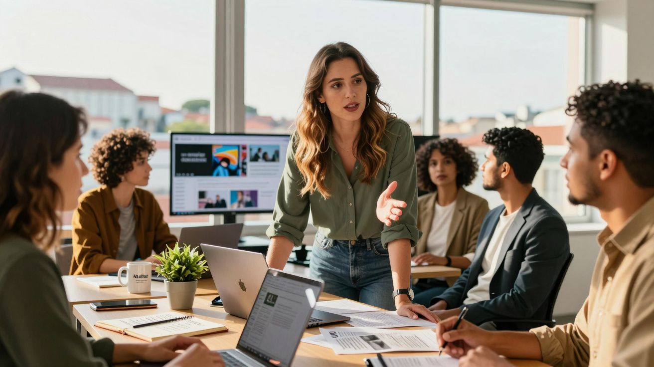 Mulher a apresentar ideias numa reunião de trabalho com equipa diversa numa sala iluminada por janelas grandes.