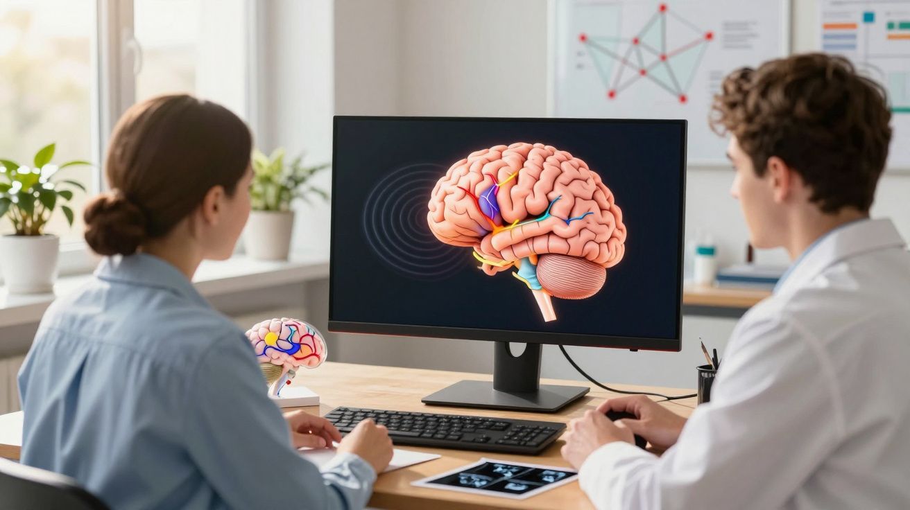 Dois médicos sentados a analisar uma imagem 3D do cérebro humano num ecrã de computador.