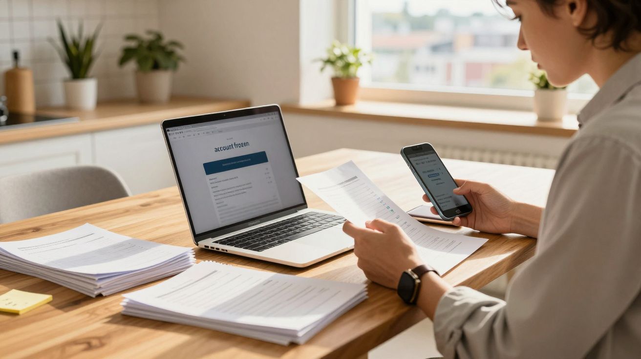 Pessoa a analisar documentos com portátil e telemóvel numa mesa em ambiente de escritório em casa.