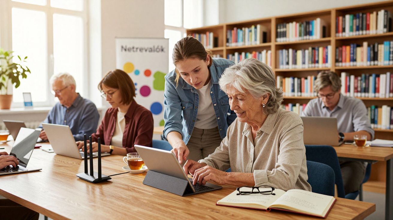 Jovem ajuda mulher idosa a usar tablet numa sala de leitura com outras pessoas a trabalhar em computadores.