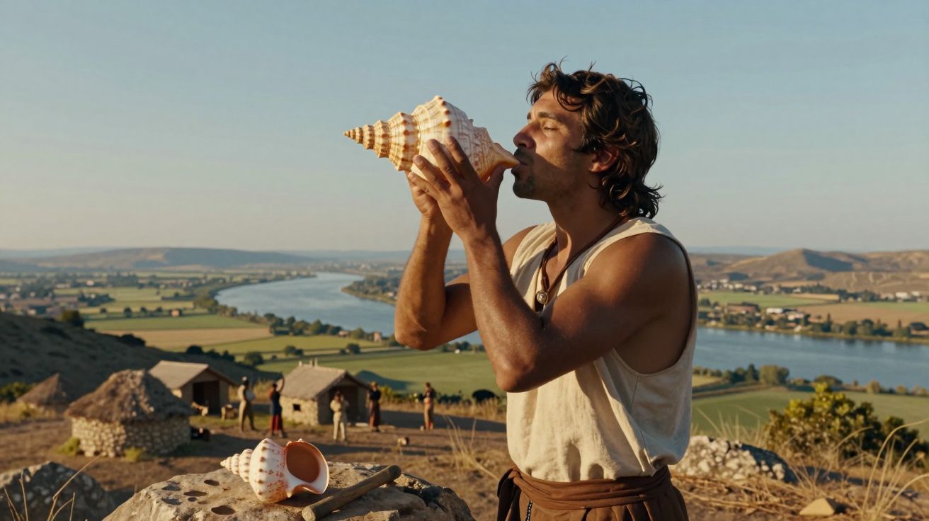 Homem com camisola branca sopra numa grande concha de mar num campo aberto com rio e colinas ao fundo.