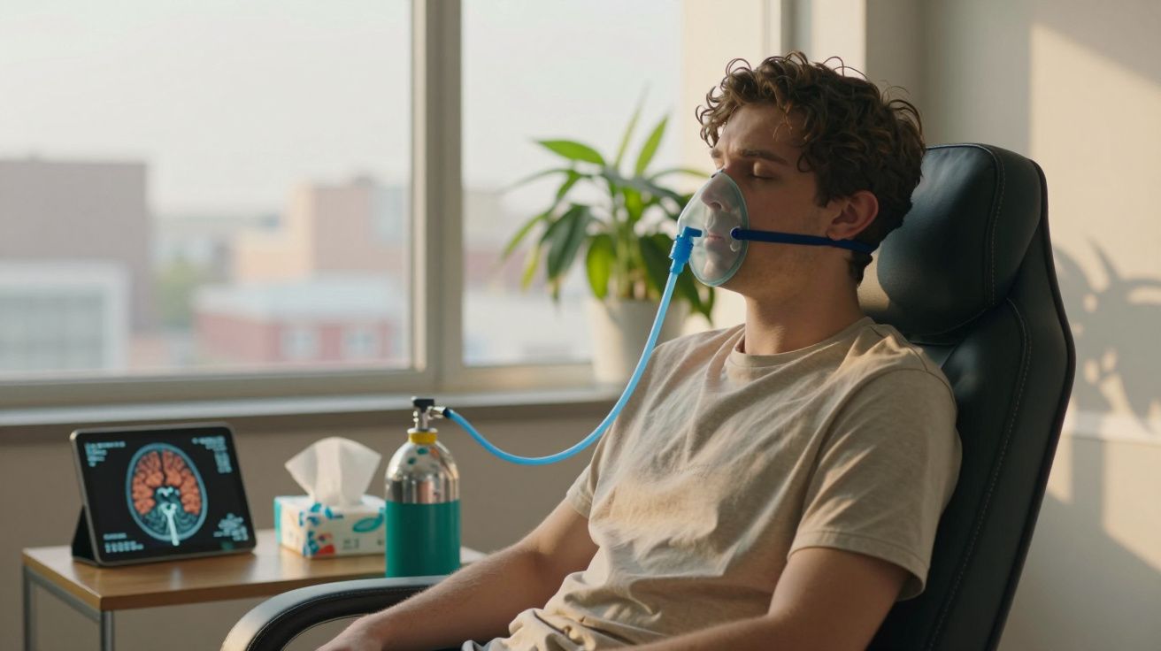 Jovem sentado com máscara de oxigénio, ao lado de oxigénio e imagem digital do cérebro numa mesa.