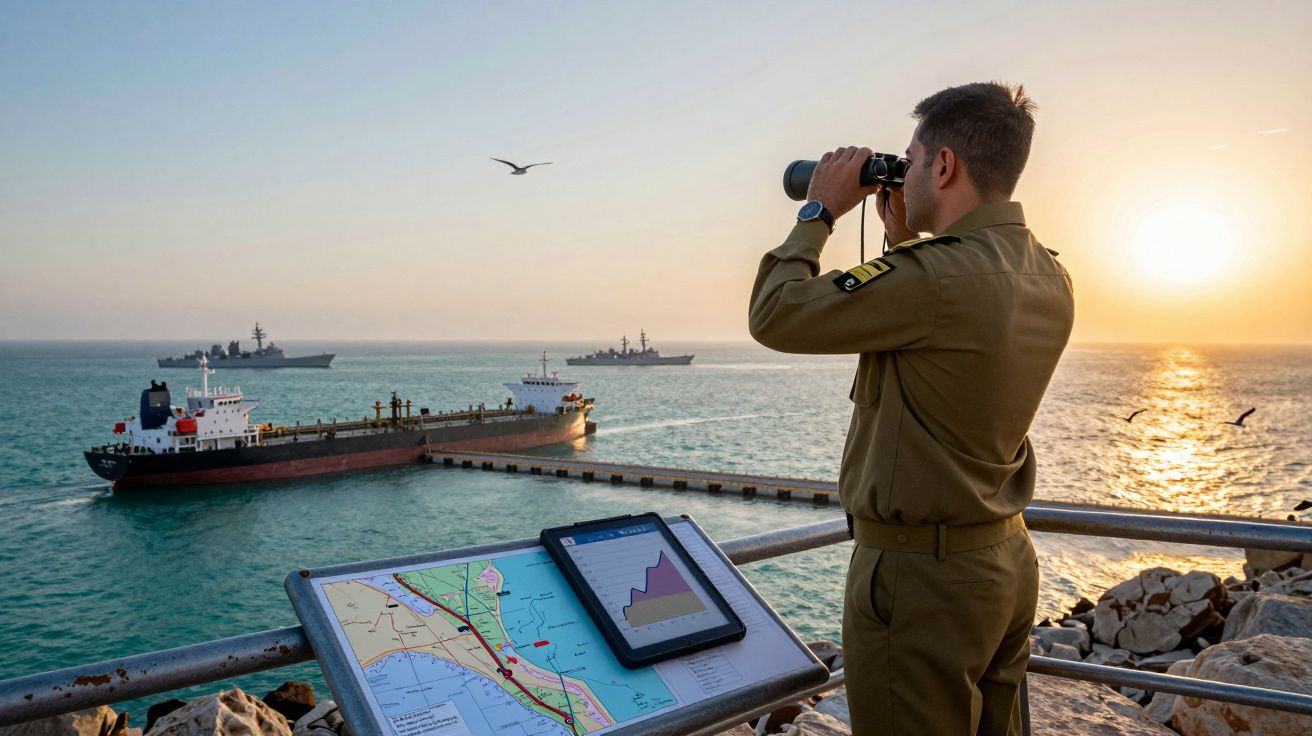Militar observa navios no mar ao pôr do sol com mapas e gráficos numa placa de observação.