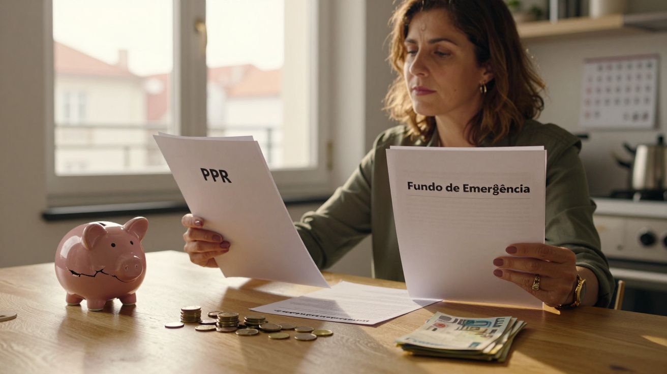 Mulher a analisar documentos financeiros sobre poupança com mealheiro, moedas e notas numa mesa.