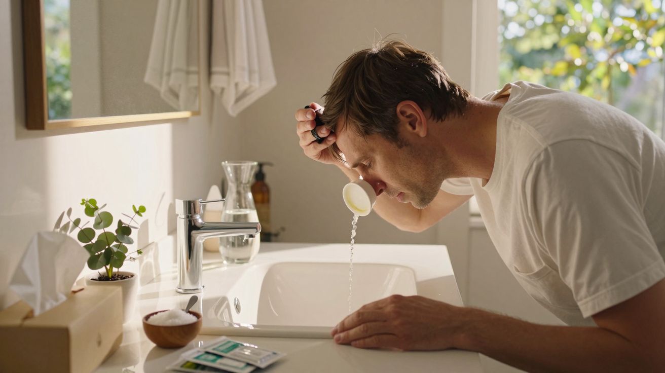 Homem a lavrar o rosto com água junto de uma pia num banheiro iluminado pela luz natural.