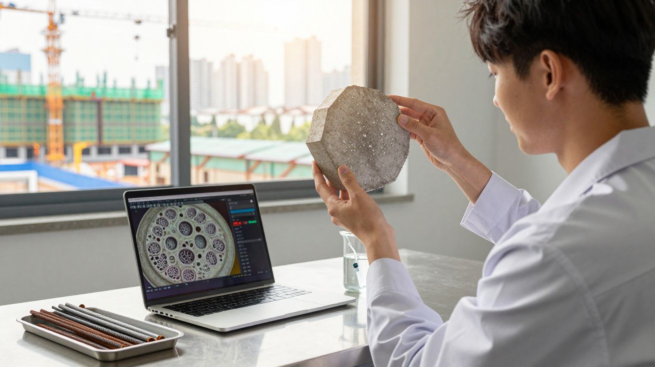 Engenheiro de cimento inspeciona pedaço de betão enquanto observa análise digital no computador.