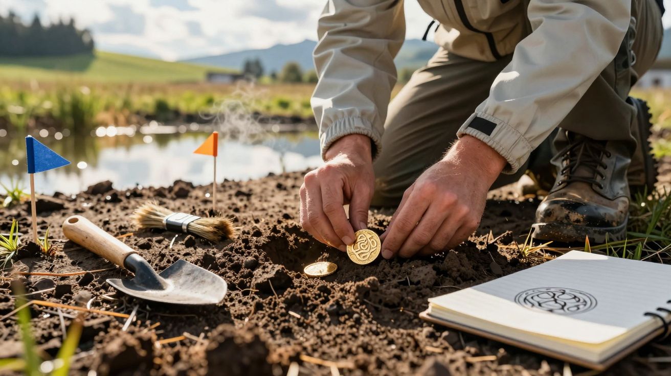 Pessoa a desenterrar moedas antigas num sítio de escavação arqueológica ao ar livre.