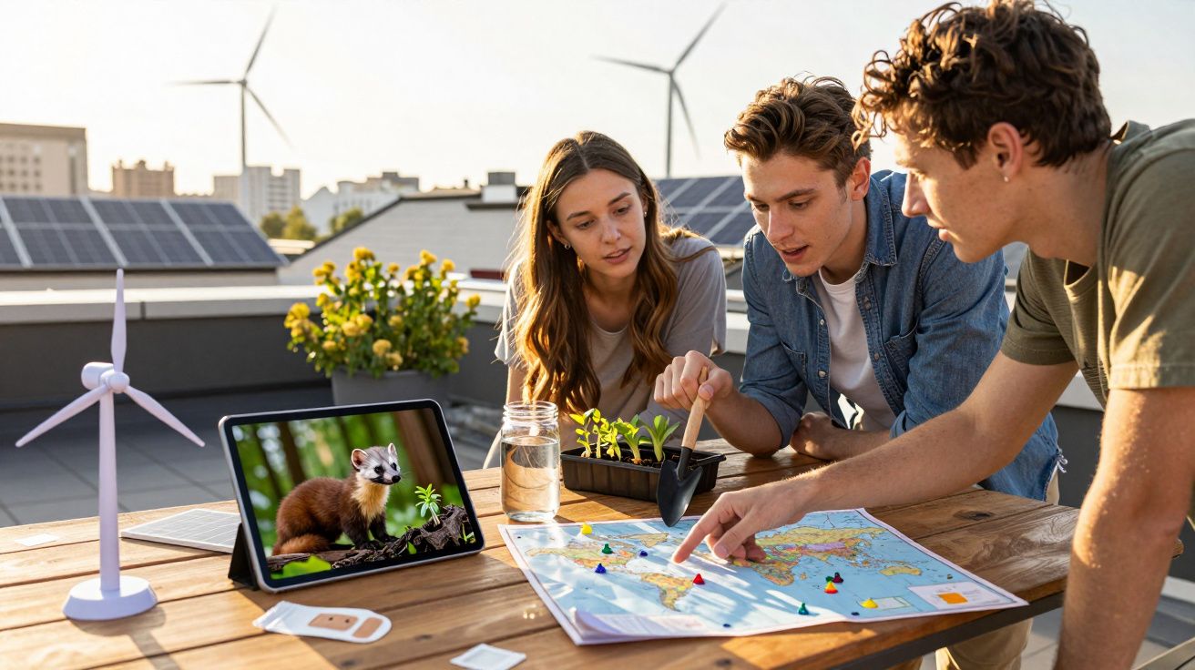 Três jovens discutem mapa, com tablet a mostrar animal e mini turbina eólica numa mesa ao ar livre.