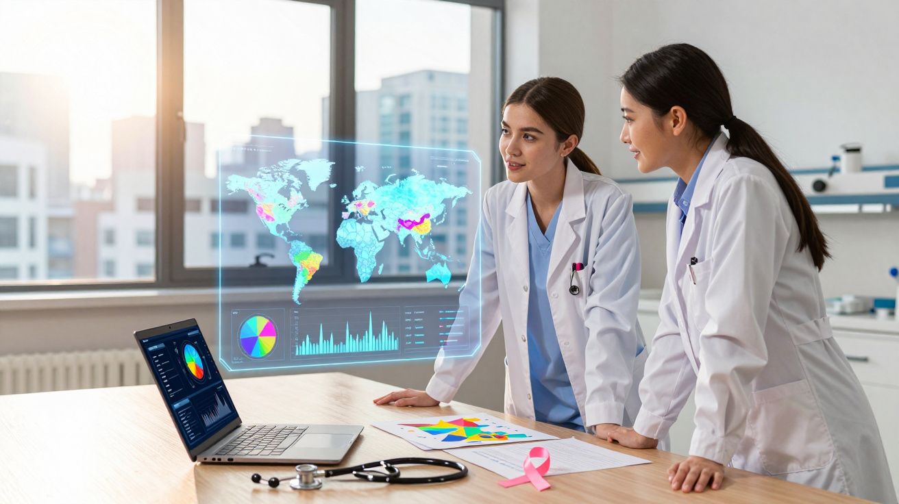 Duas médicas analisam dados de saúde mundial num laboratório com gráficos digitais e computador portátil.