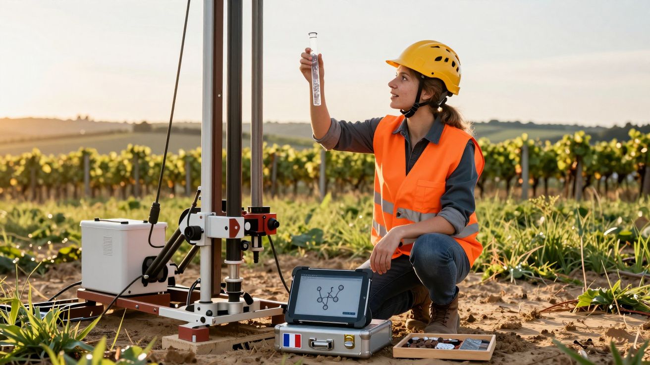 Técnica em colete e capacete analisa amostra do solo numa vinha ao pôr do sol.