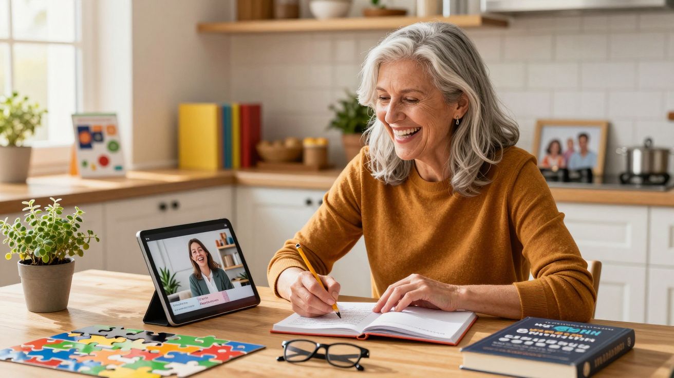 Mulher sorridente a escrever numa agenda enquanto participa numa videochamada numa tablet numa cozinha moderna.