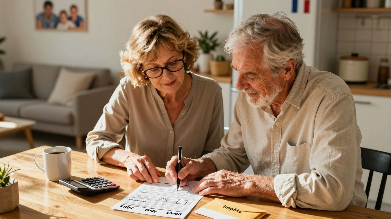 Casal sénior sentado à mesa preenchendo documentos financeiros com calculadora e envelope de impostos.