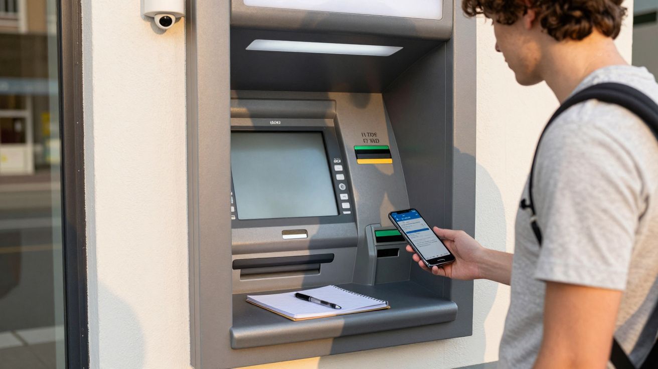 Pessoa a usar telemóvel junto a um multibanco com bloco de notas e caneta apoiados na máquina.