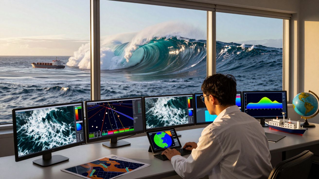 Pessoa a monitorizar dados marítimos em múltiplos ecrãs com grandes ondas e um navio ao fundo.