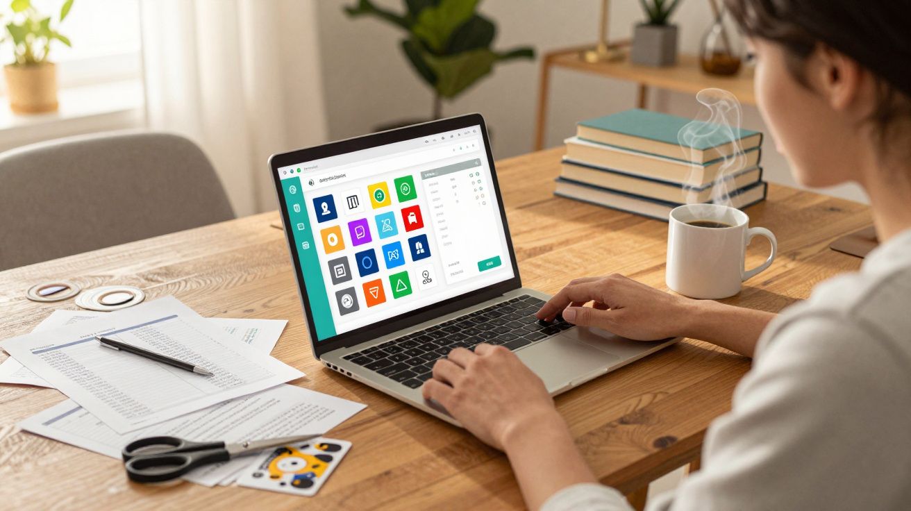 Pessoa a usar um computador portátil numa secretária com documentos, livros, chávena e outros objetos.