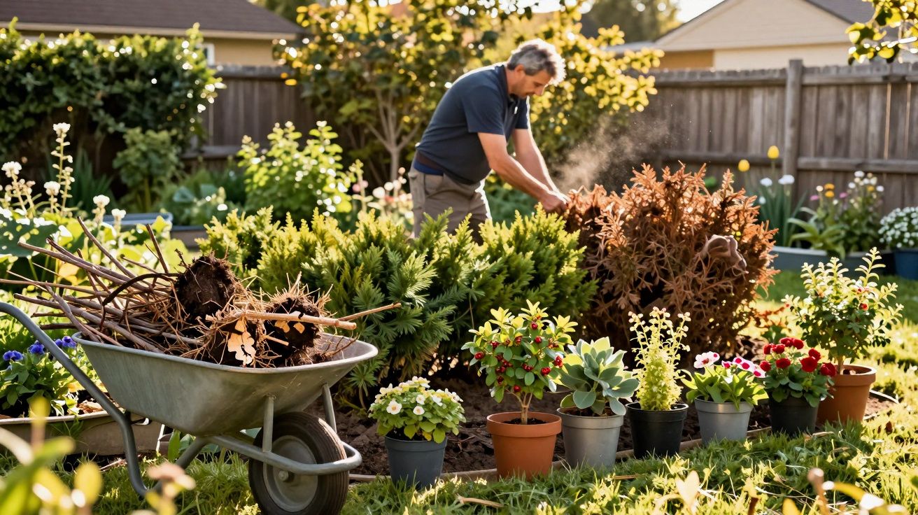 Homem a cuidar de plantas num jardim ensolarado com carrinho de mão cheio de galhos secos.