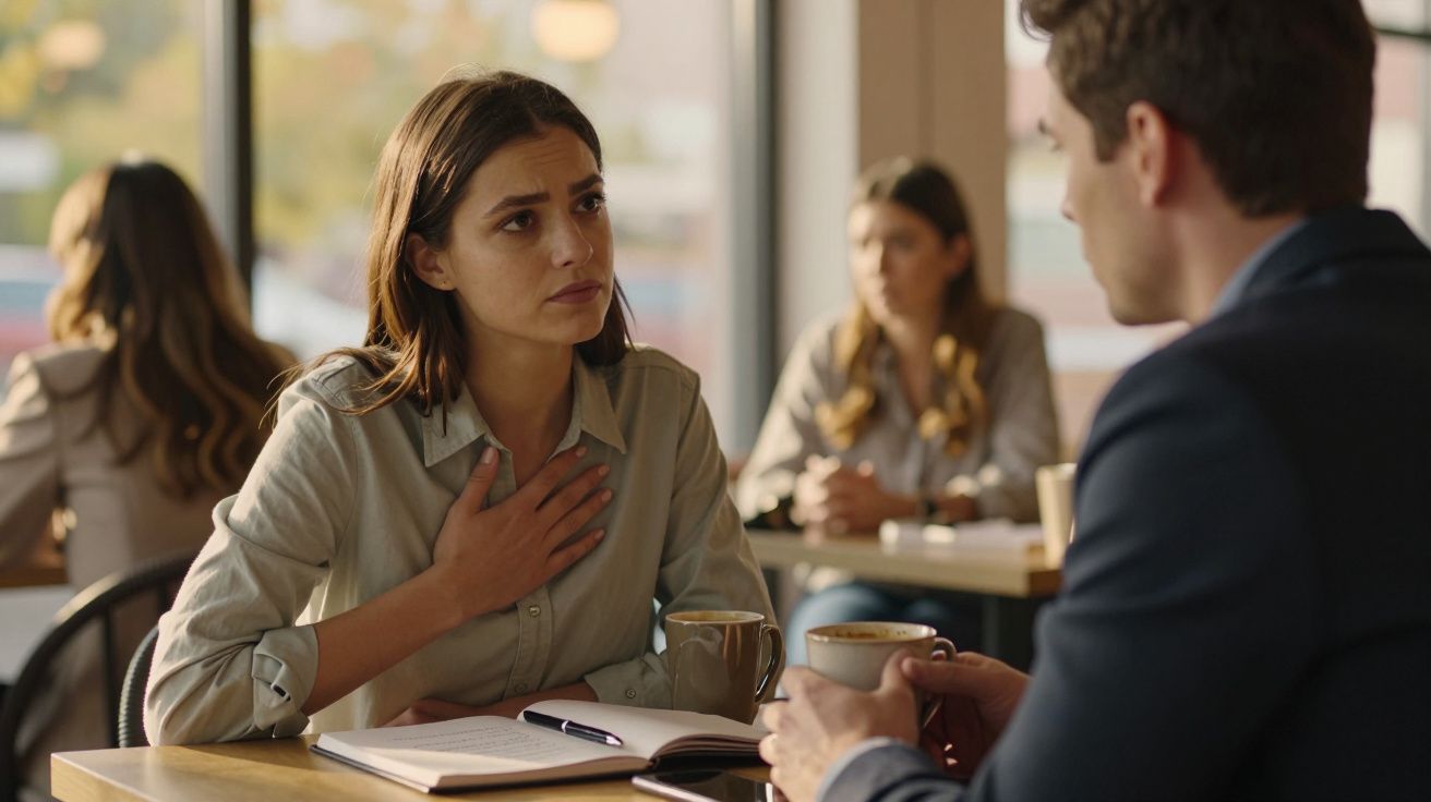 Mulher preocupa-se e fala com homem num café, ambos sentados à mesa com café e caderno aberto.