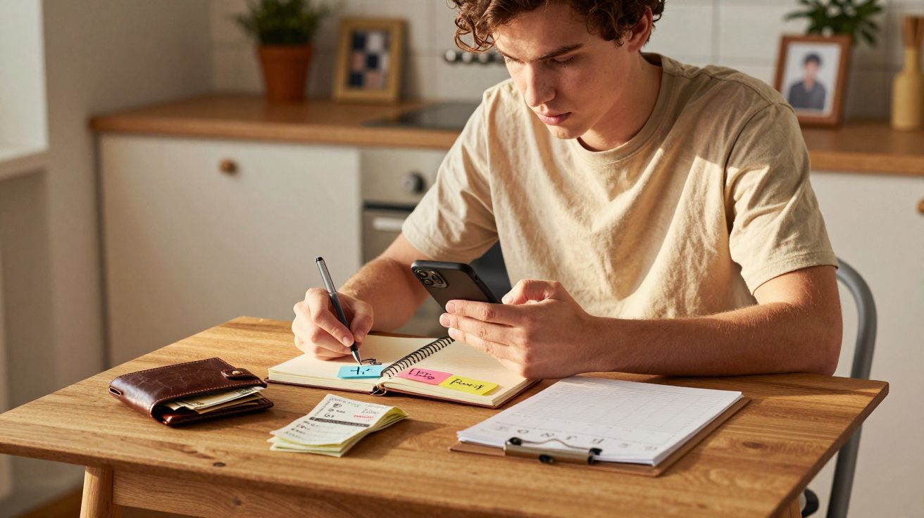 Jovem sentado à mesa a escrever notas em caderno enquanto consulta o telemóvel numa cozinha iluminada.