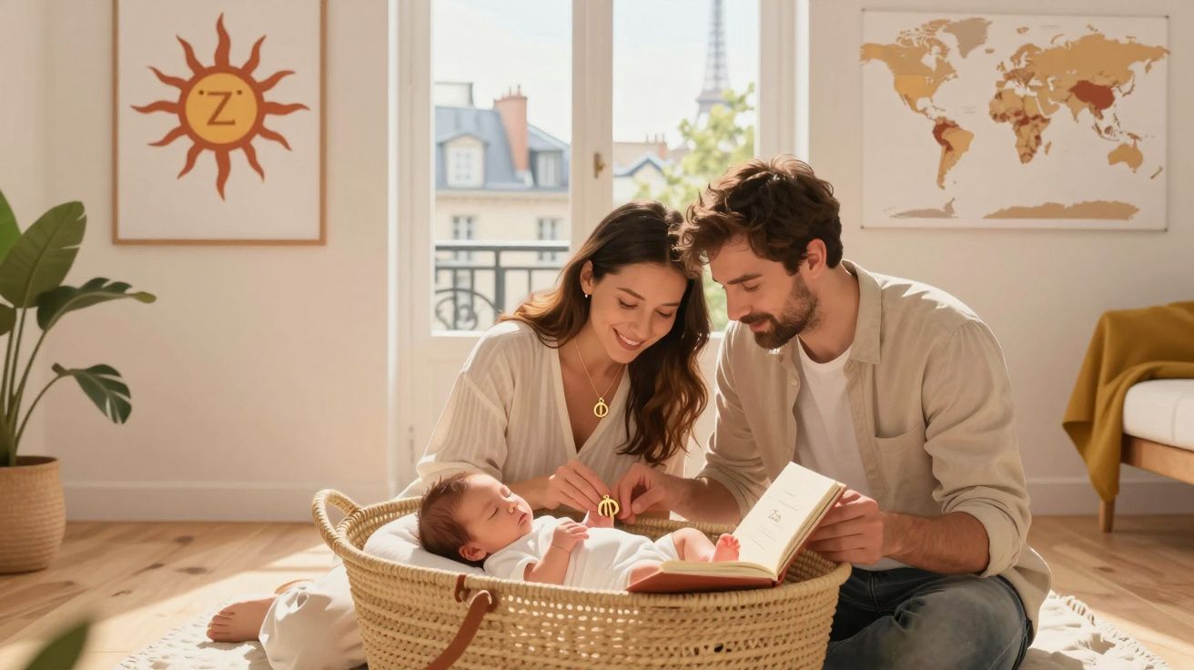 Casal sentado no chão a ler para bebé adormecido numa cama de palha com janela e mapa ao fundo.