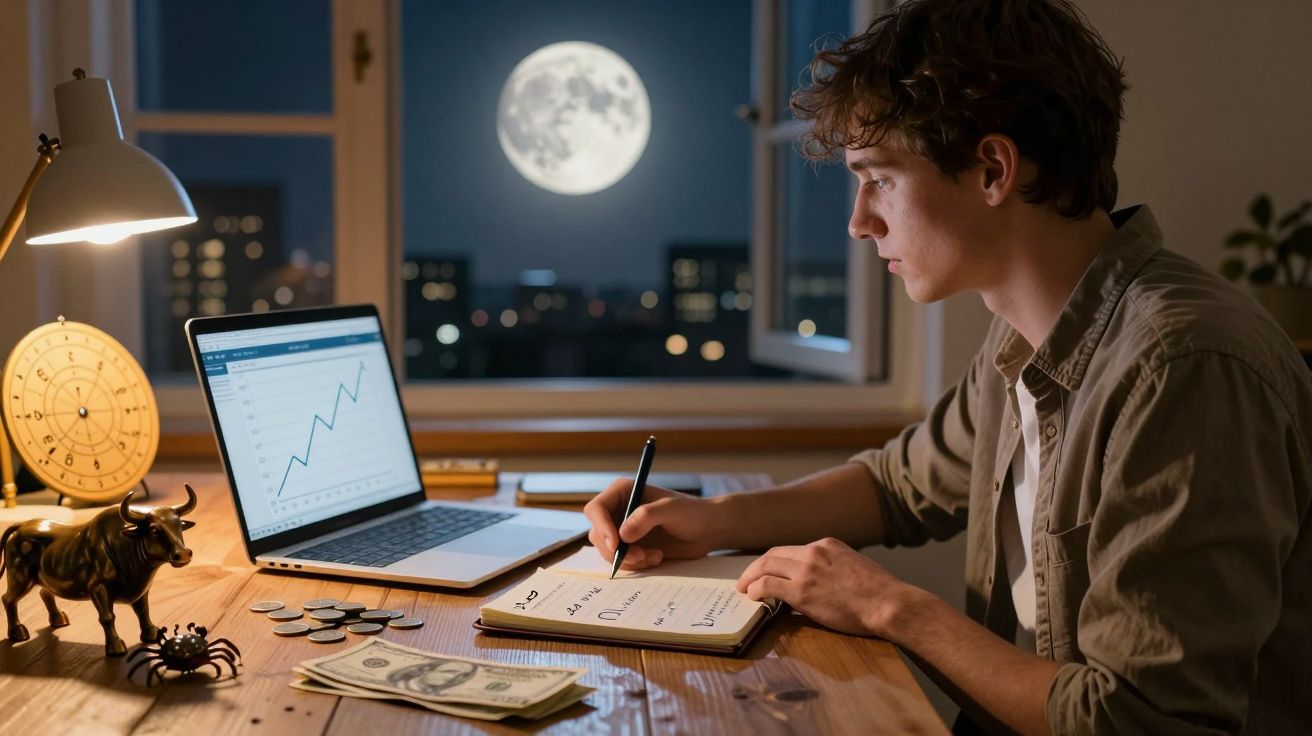 Jovem a trabalhar à mesa com gráfico financeiro no portátil, notas e moeda, noite com lua cheia à janela.