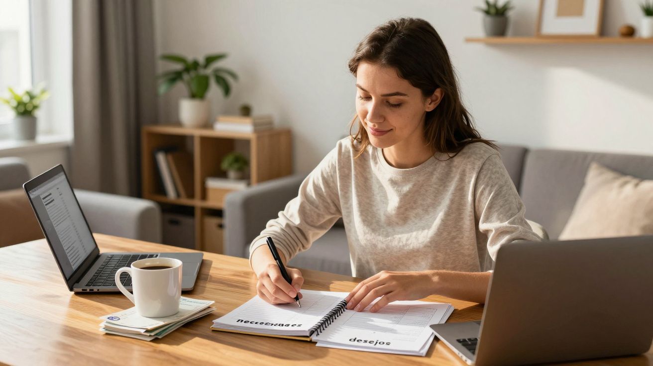 Mulher jovem sentada a escrever num caderno entre dois computadores portáteis numa mesa de madeira.