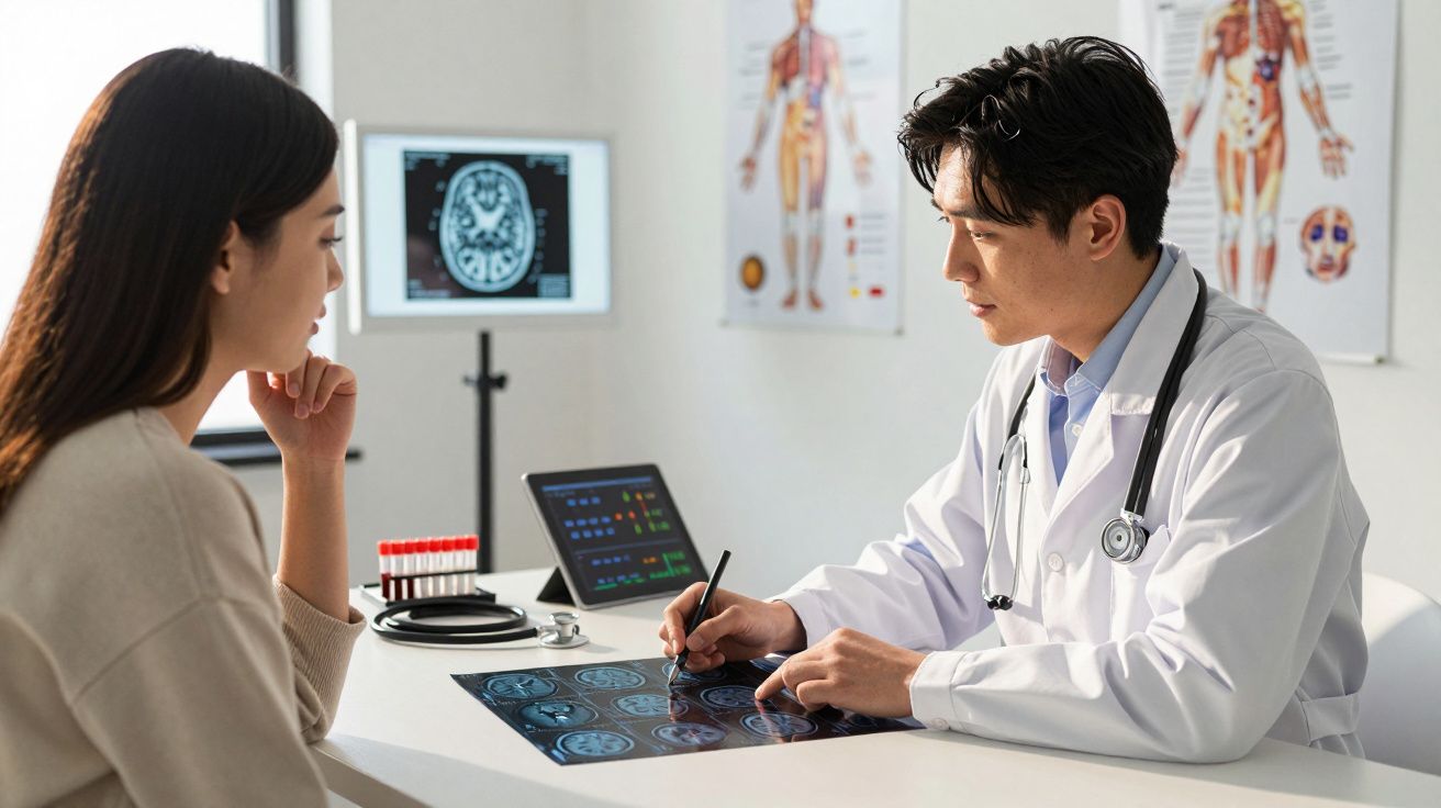 Médico explica resultados de exames de cérebro a paciente numa consulta numa clínica moderna.