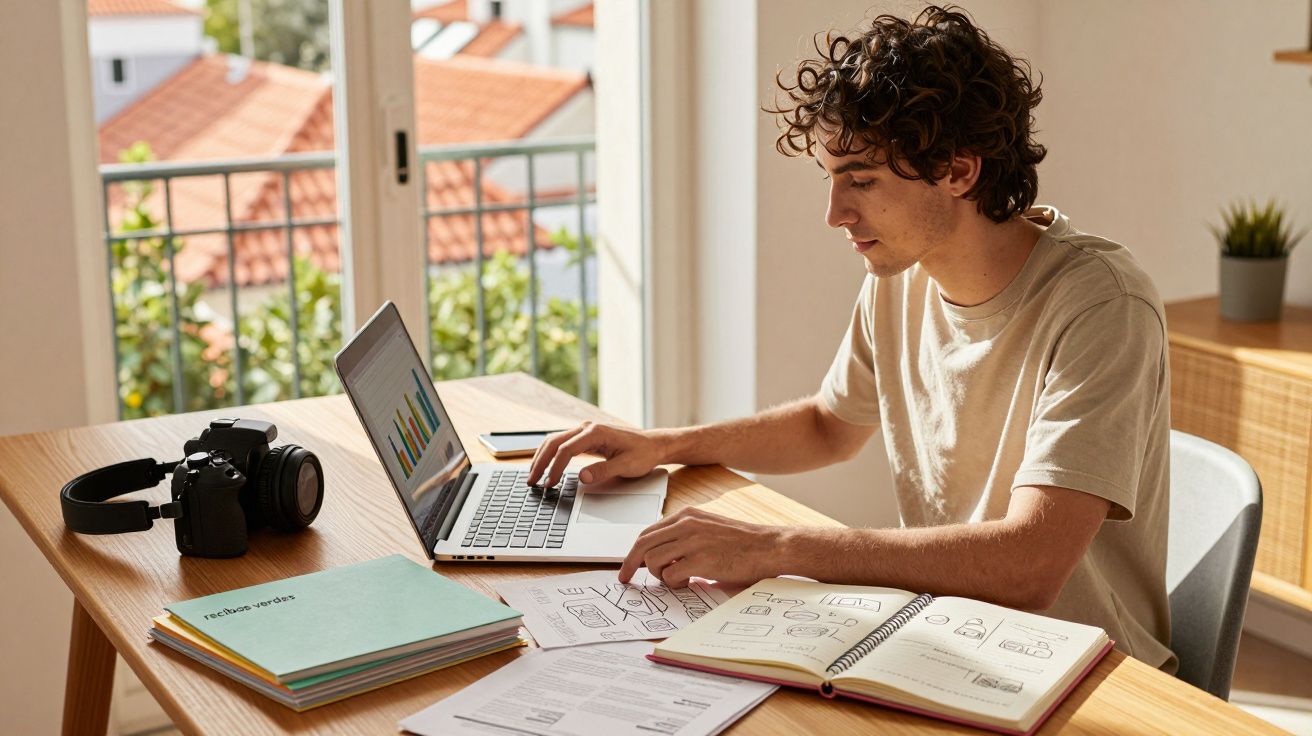 Homem sentado a trabalhar num computador portátil com documentos e câmara numa mesa perto de uma janela.