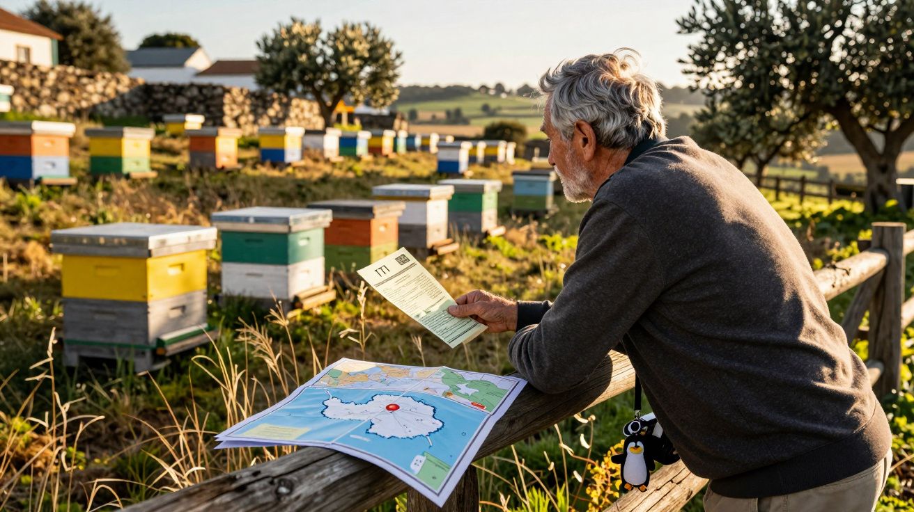 Homem idoso observa documentos junto a colmeias numa paisagem rural ensolarada.