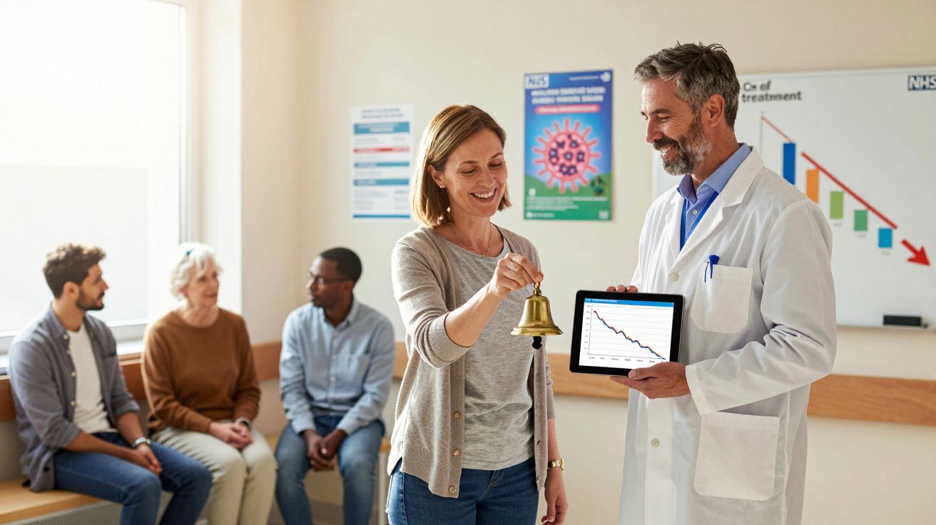 Paciente toca campainha enquanto médico mostra gráfico de recuperação em clínica, com outras pessoas sentadas ao fundo.