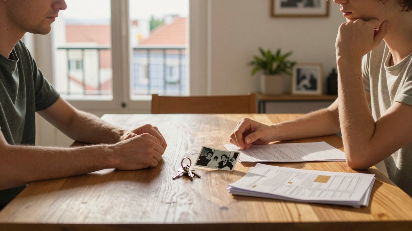 Duas pessoas sentadas numa mesa com documentos, chaves e uma fotografia em preto e branco.