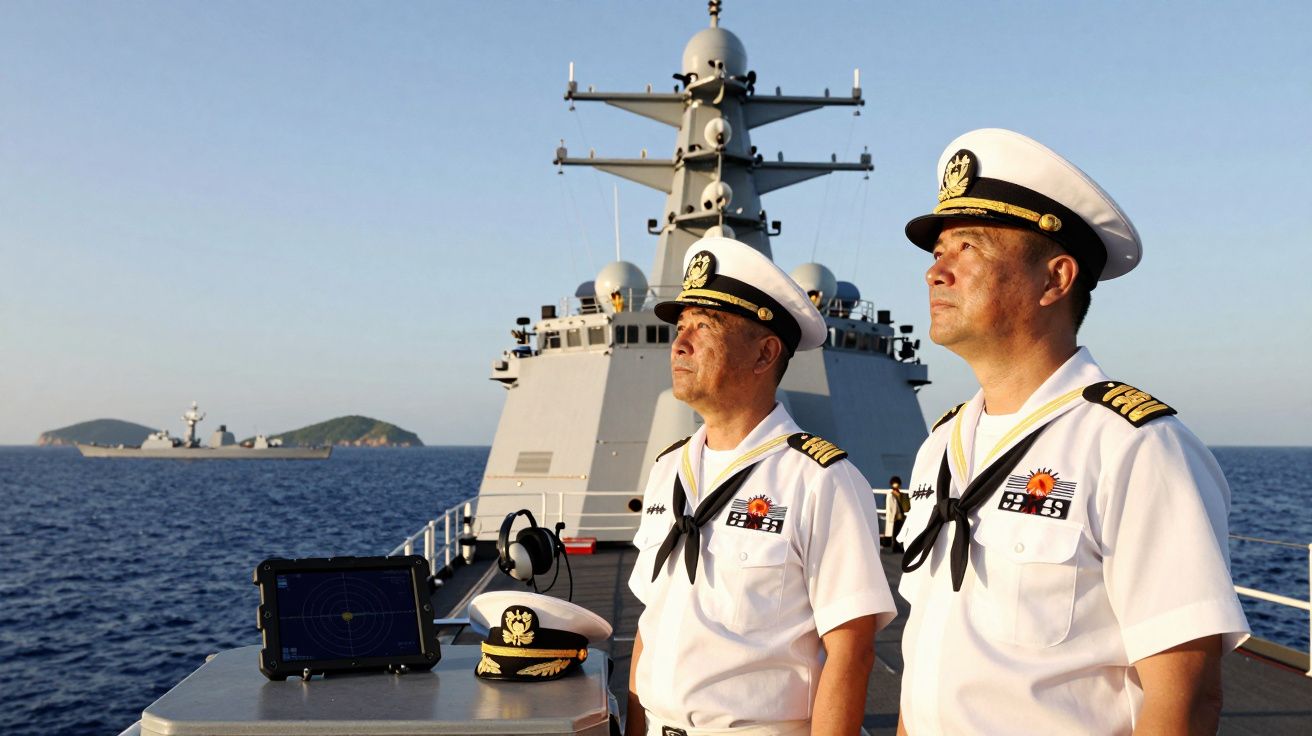 Dois oficiais da marinha chinesa em uniforme branco no convés de um navio de guerra no mar.