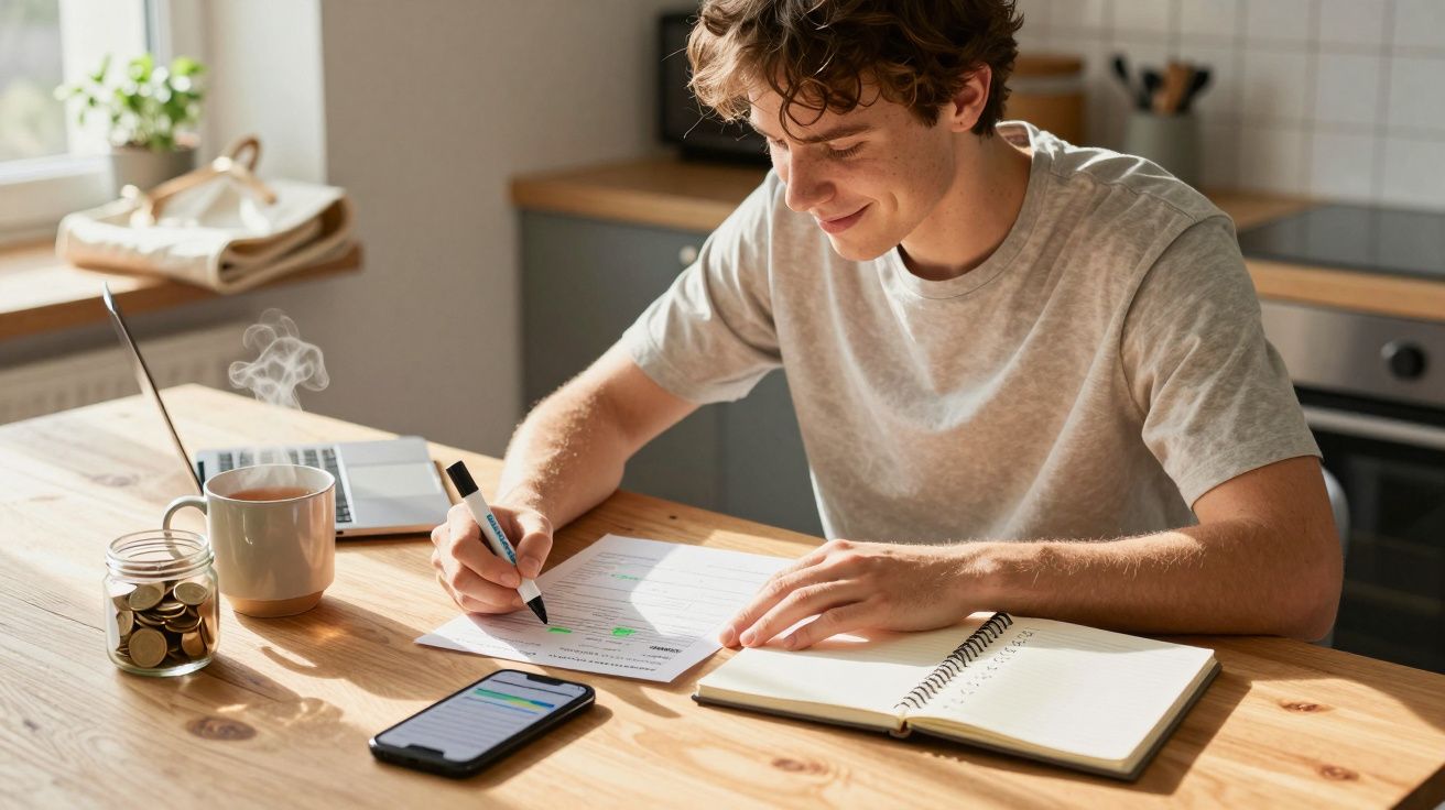 Jovem sentado à mesa a estudar, a sublinhar texto em papel com telemóvel, caderno, chá quente e jarro de moedas.