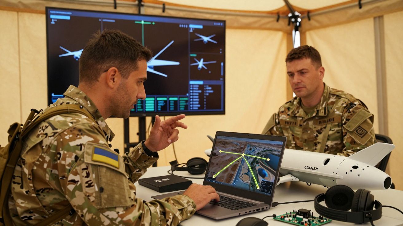 Dois soldados em uniforme camuflado analisam dados de drones num portátil e ecrã num abrigo militar.