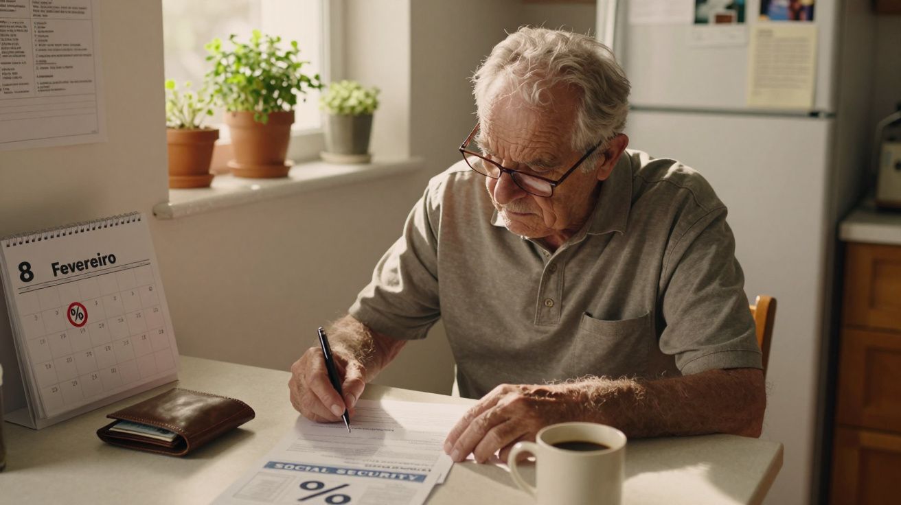 Idoso a preencher documentos financeiros numa mesa com calendário e chávena de café.