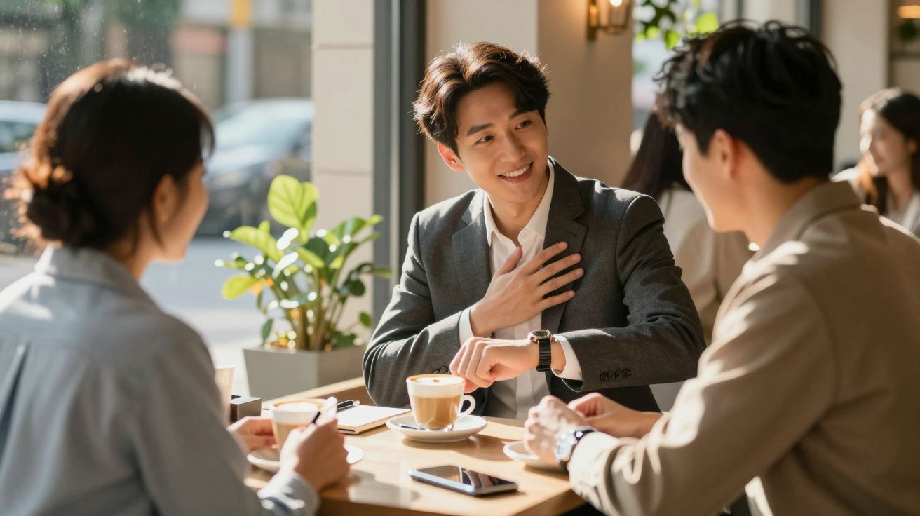 Três jovens sentados à mesa num café, conversando e sorrindo, com bebidas quentes à frente.