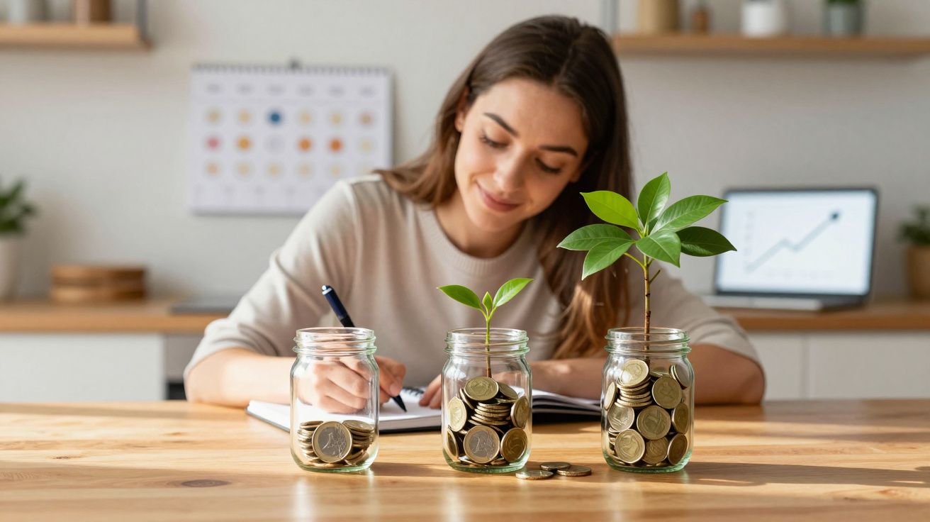 Mulher escreve em caderno com três frascos com moedas e plantas em crescimento à frente numa mesa de madeira.