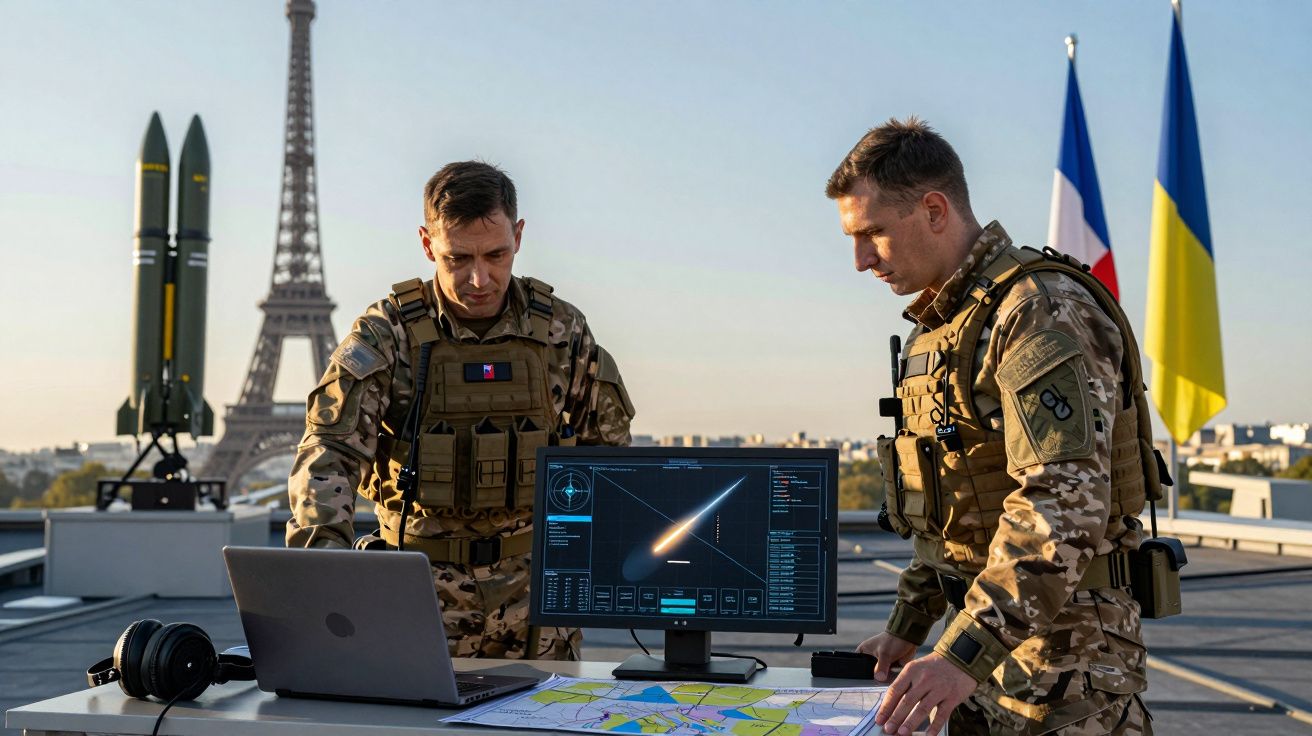 Dois militares em uniforme camuflado analisam mapa e ecrã com radar, Torre Eiffel, e bandeiras da França e Ucrânia ao fundo.