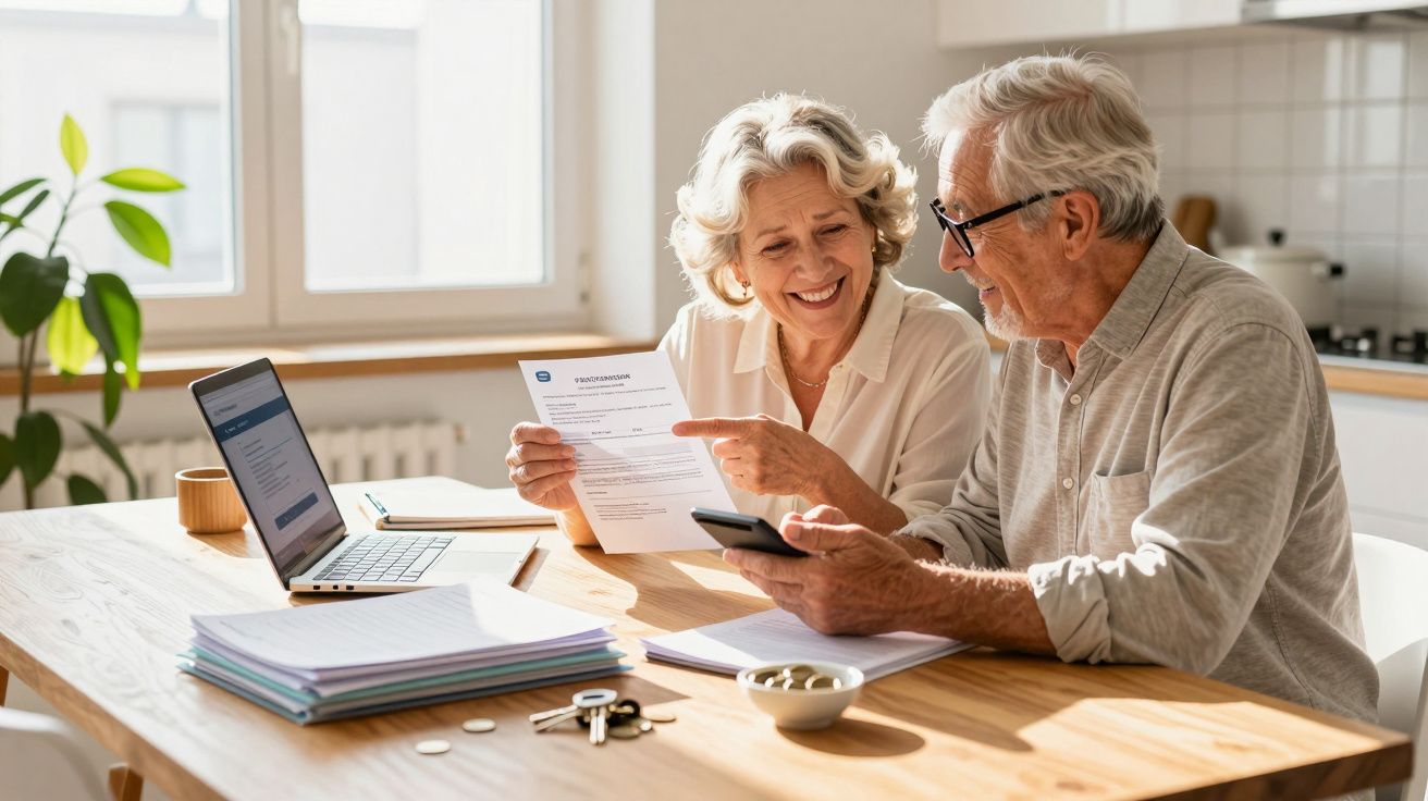 Casal sénior a analisar documentos e usar telemóvel numa mesa com computador portátil e papéis.