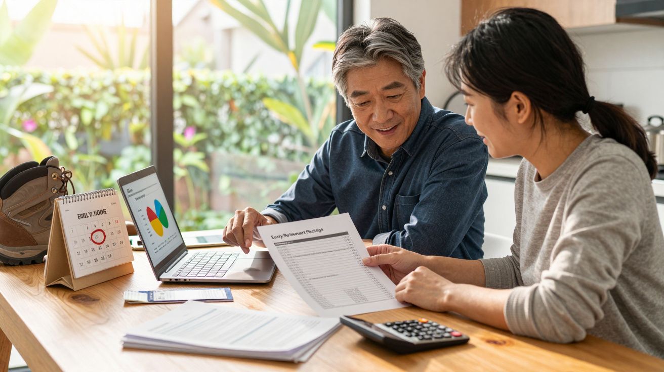 Duas pessoas sentadas à mesa analisam documentos financeiros com calculadora e laptop num ambiente luminoso.