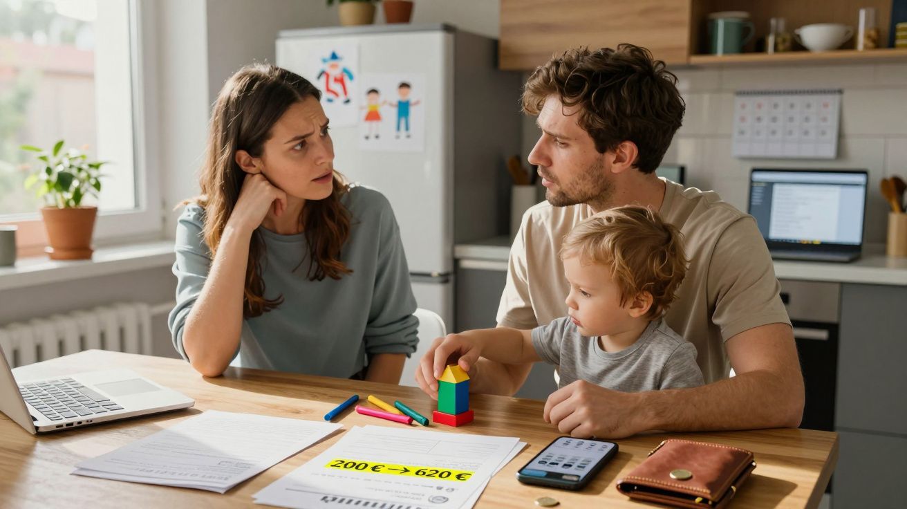 Casal discutindo contas na mesa com criança a brincar, ambiente doméstico e documentos financeiros visíveis.