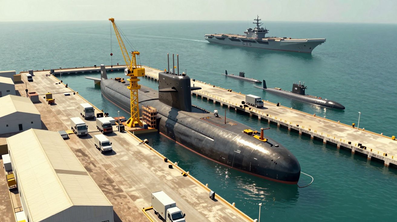 Porto militar com submarinos atracados e um porta-aviões no mar ao fundo em dia claro.