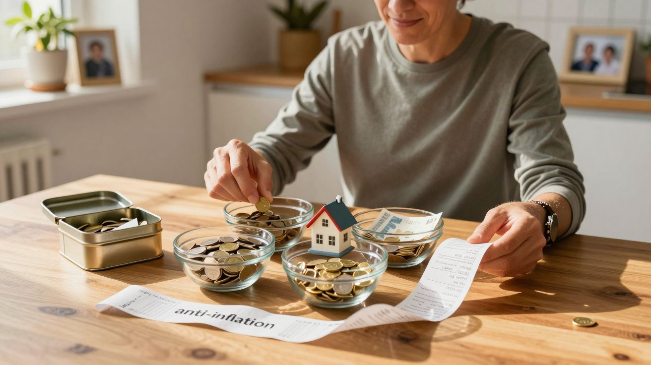 Pessoa a organizar moedas em taças, casa em miniatura, dinheiro e fatura com texto anti-inflacionário na mesa.