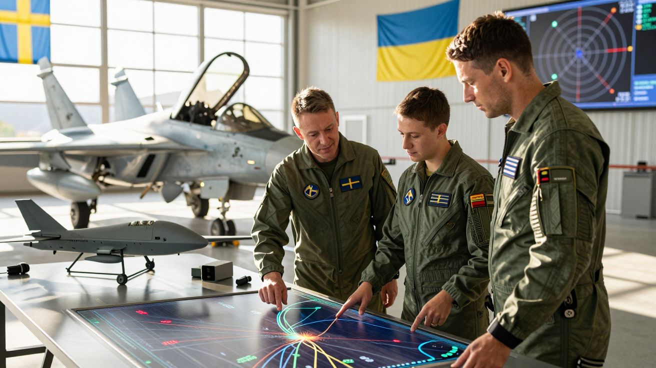 Três militares em uniforme discutem dados num mapa digital numa base aérea, com caças ao fundo.