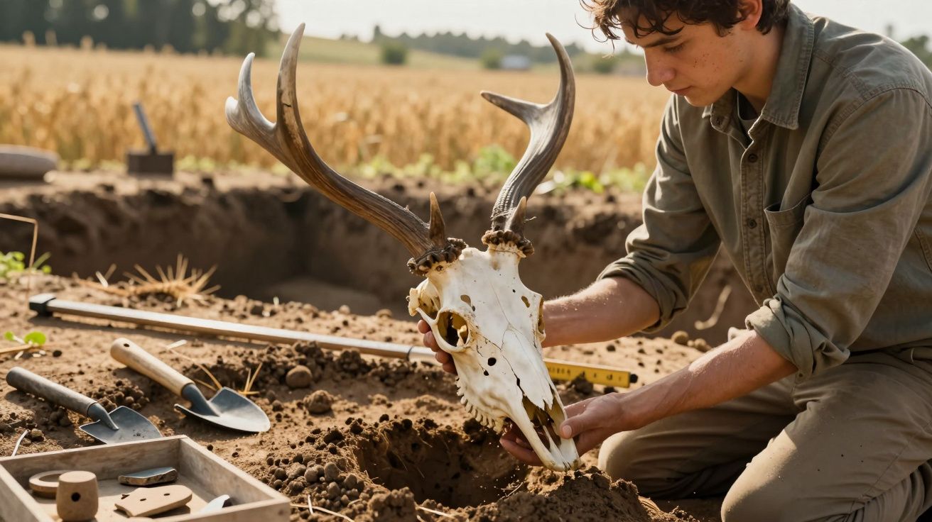 Jovem arqueólogo examina crânio de veado com chifres durante escavação arqueológica ao ar livre.