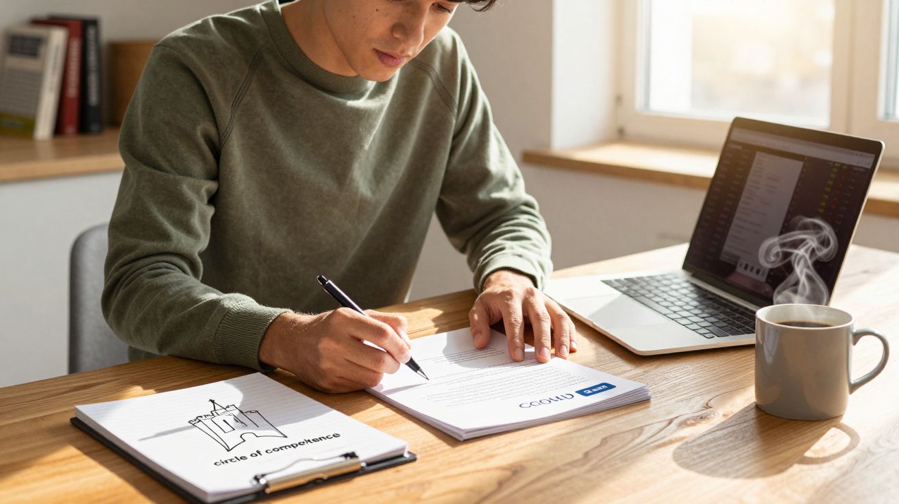 Jovem a escrever em papel junto a computador portátil e chá quente numa mesa iluminada pela luz natural.