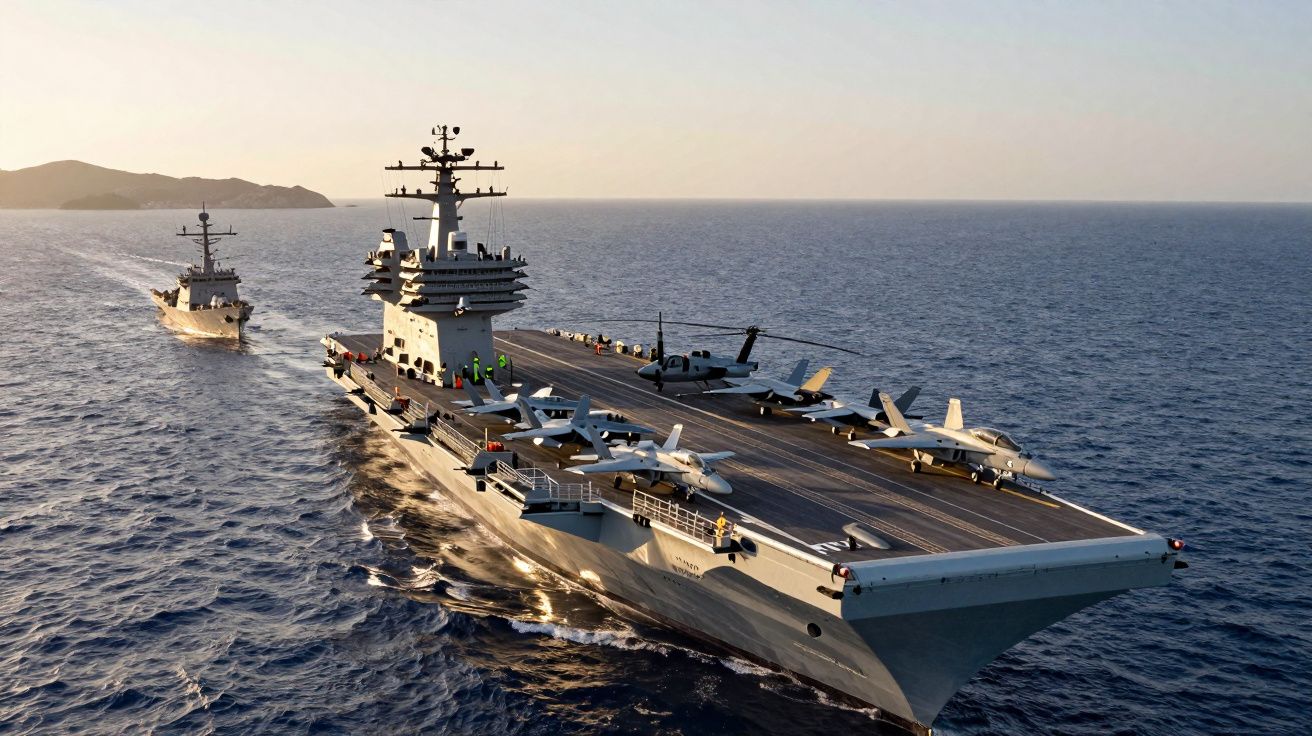 Porta-aviões naval com aviões estacionados no convés navegando em mar aberto ao pôr do sol.