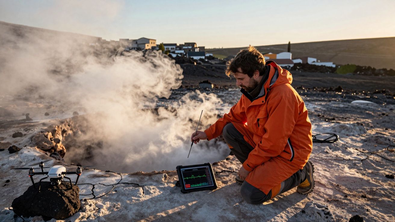 Homem com casaco laranja analisa atividade geotérmica junto a fumo numa fissura no solo vulcânico.