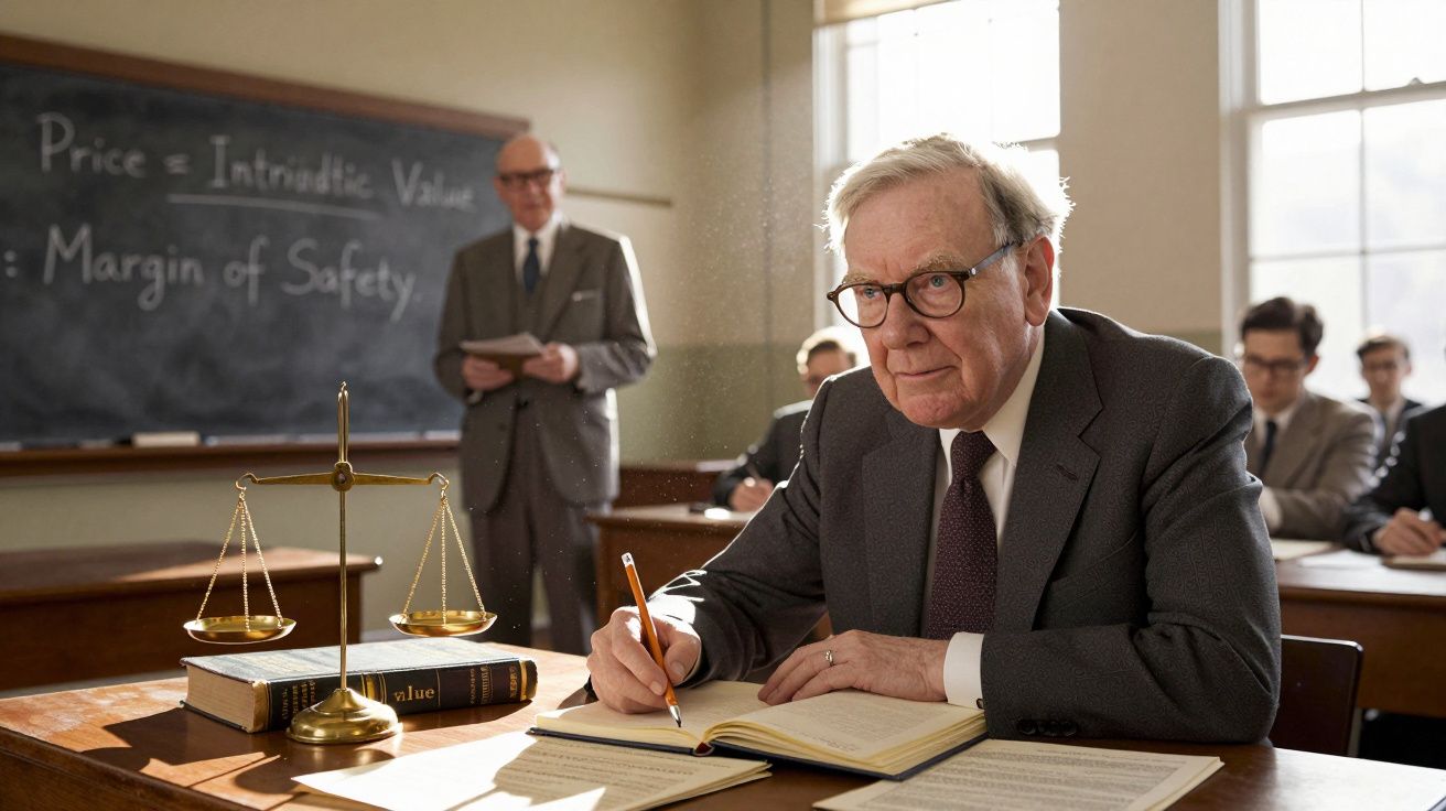 Homem idoso de fato e óculos escreve em caderno numa sala de aula com balança dourada e quadro negro ao fundo.