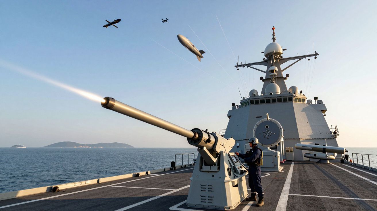 Marinheiro dispara canhão antiaéreo a bordo de navio militar com três aeronaves ao fundo no mar.